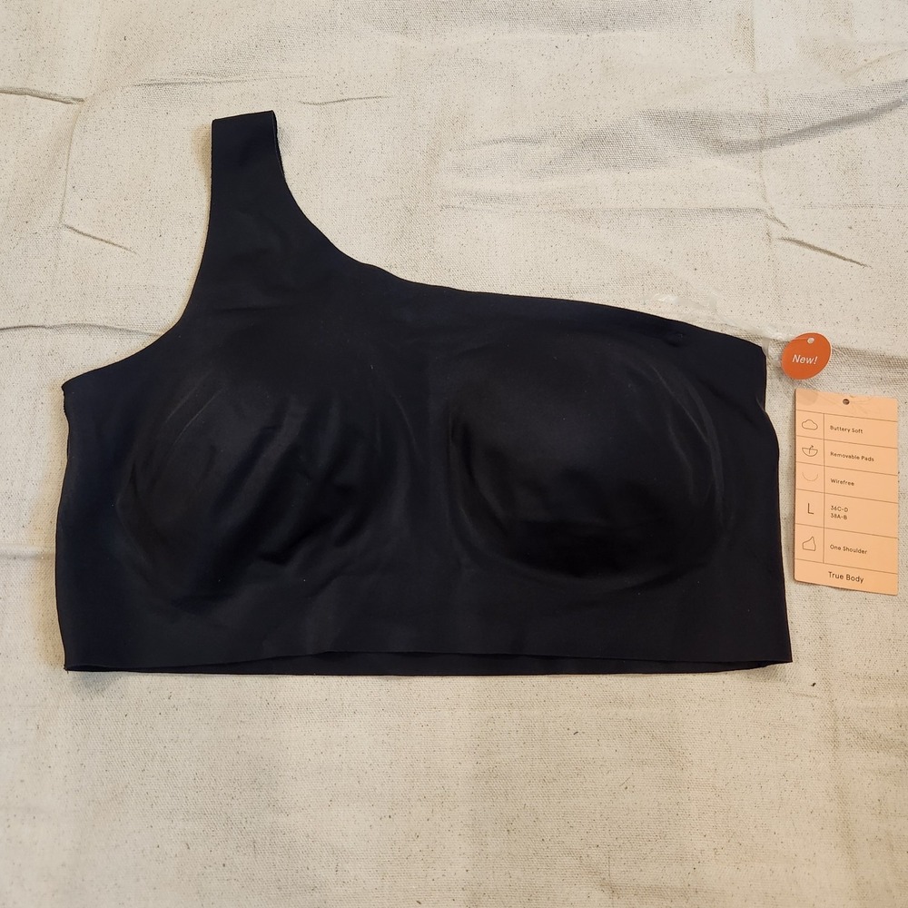 New L True & Co True Body One Shoulder Wirefree Bra Large Black Removable Pads